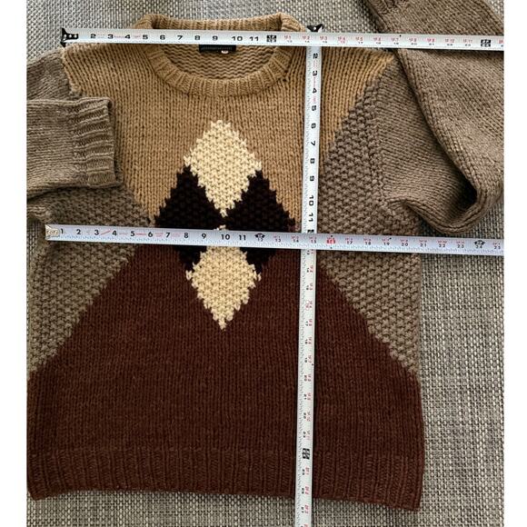 Vintage Unisex 100% Wool Hand Knit Chunky Crew Argyle Sweater M Light Academia - Picture 4 of 4